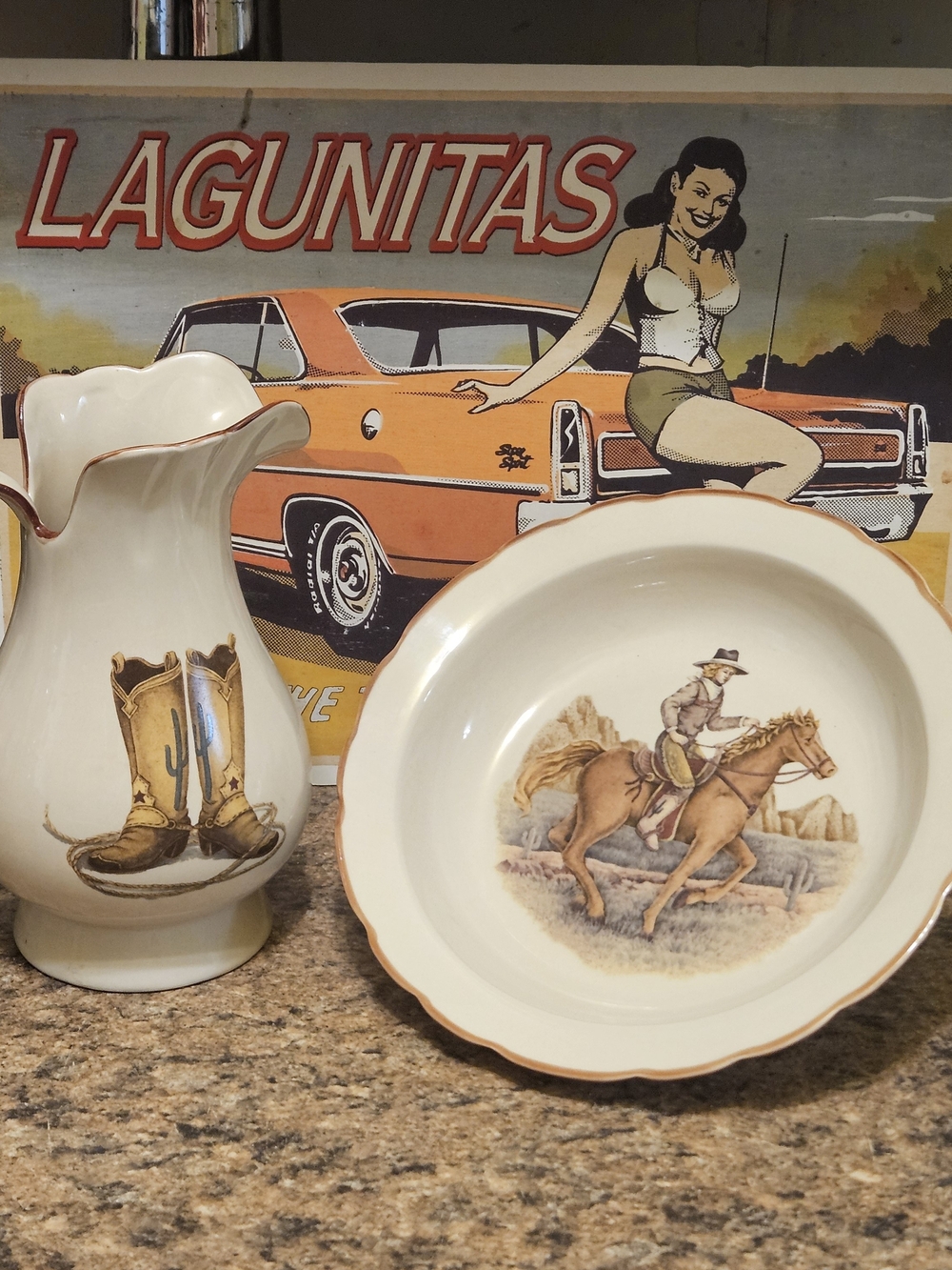 Western Cowboy Pitcher and Rimmed Bowl Set - Cream with Brown Accents
